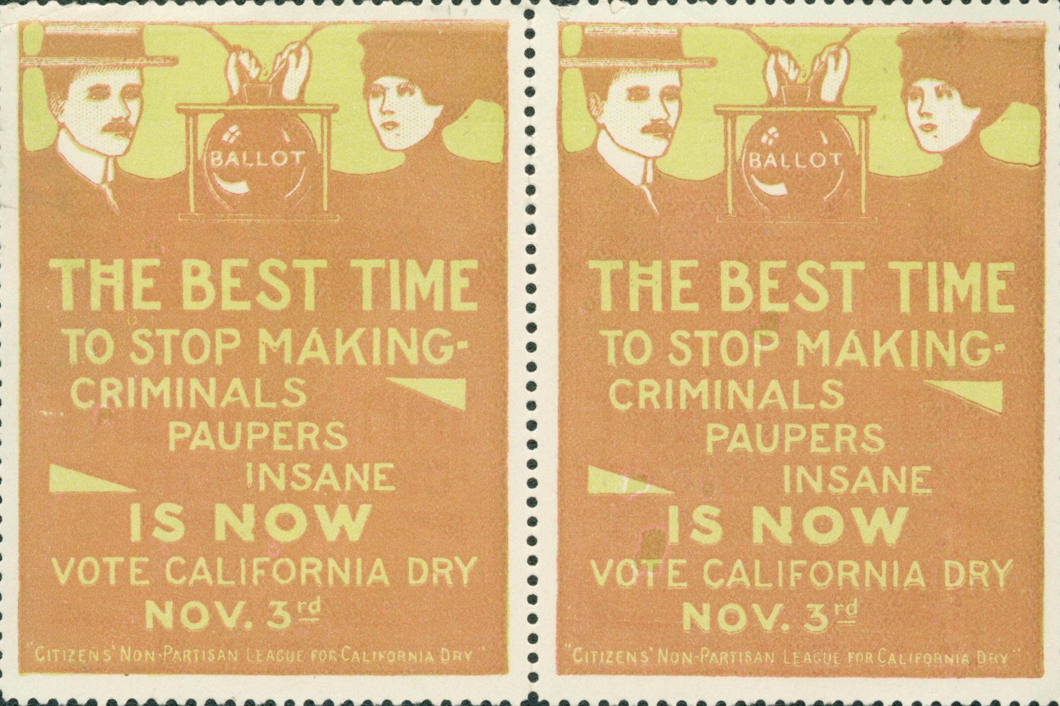This stamp shows a man and a woman voting above an exhortation to vote for prohibition in the next election